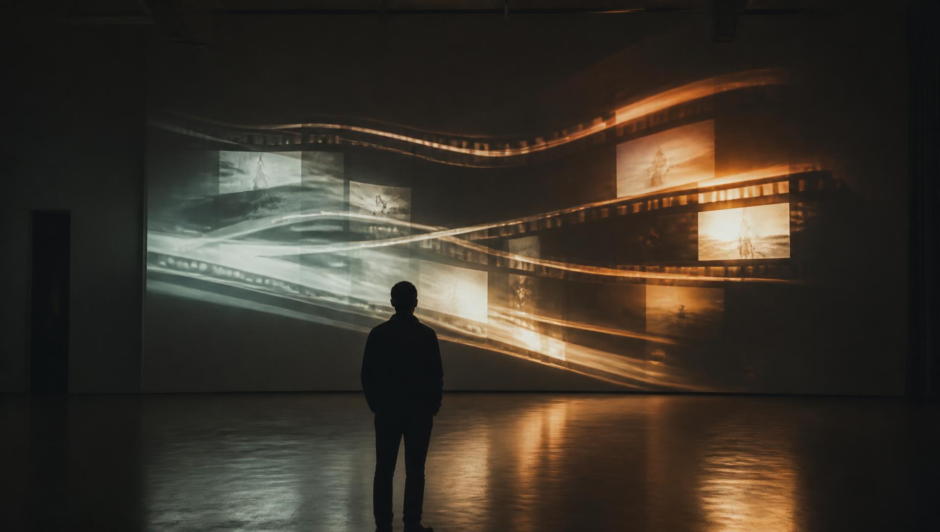 Großformatige Projektion aus Filmbildern und Lichtspuren in einem dunklen Studioraum